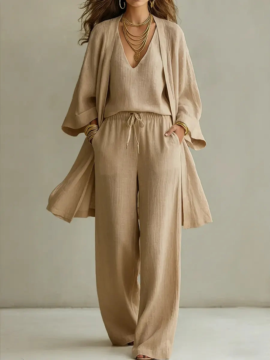 Women's 3 Piece Linen Lounge Set Wide Leg Trousers and Cardigan Outfit