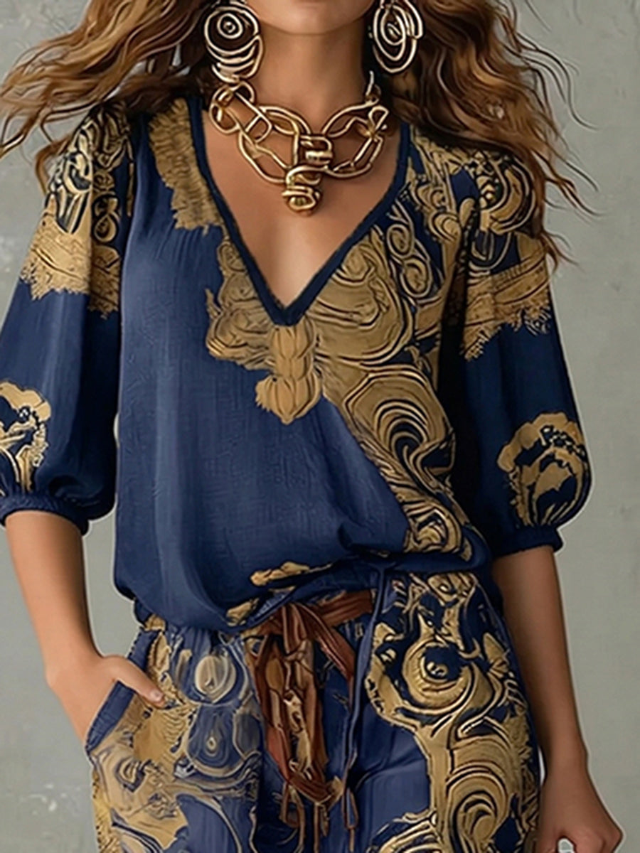 Women's Linen V-Neck Shirt Bohemian Retro Printed Loose Half Sleeve Top and Pants Set