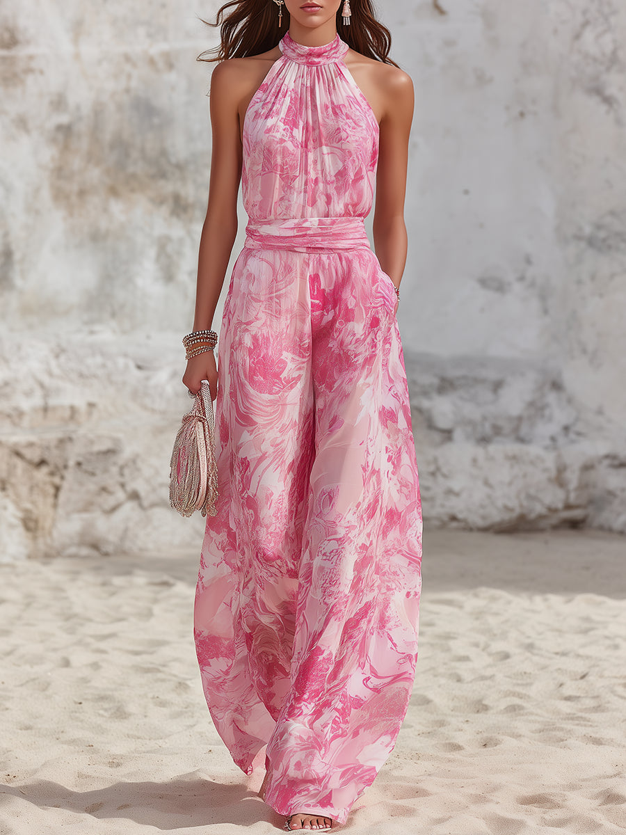 Women's Halter Top and Wide Leg Linen Two-Piece Set