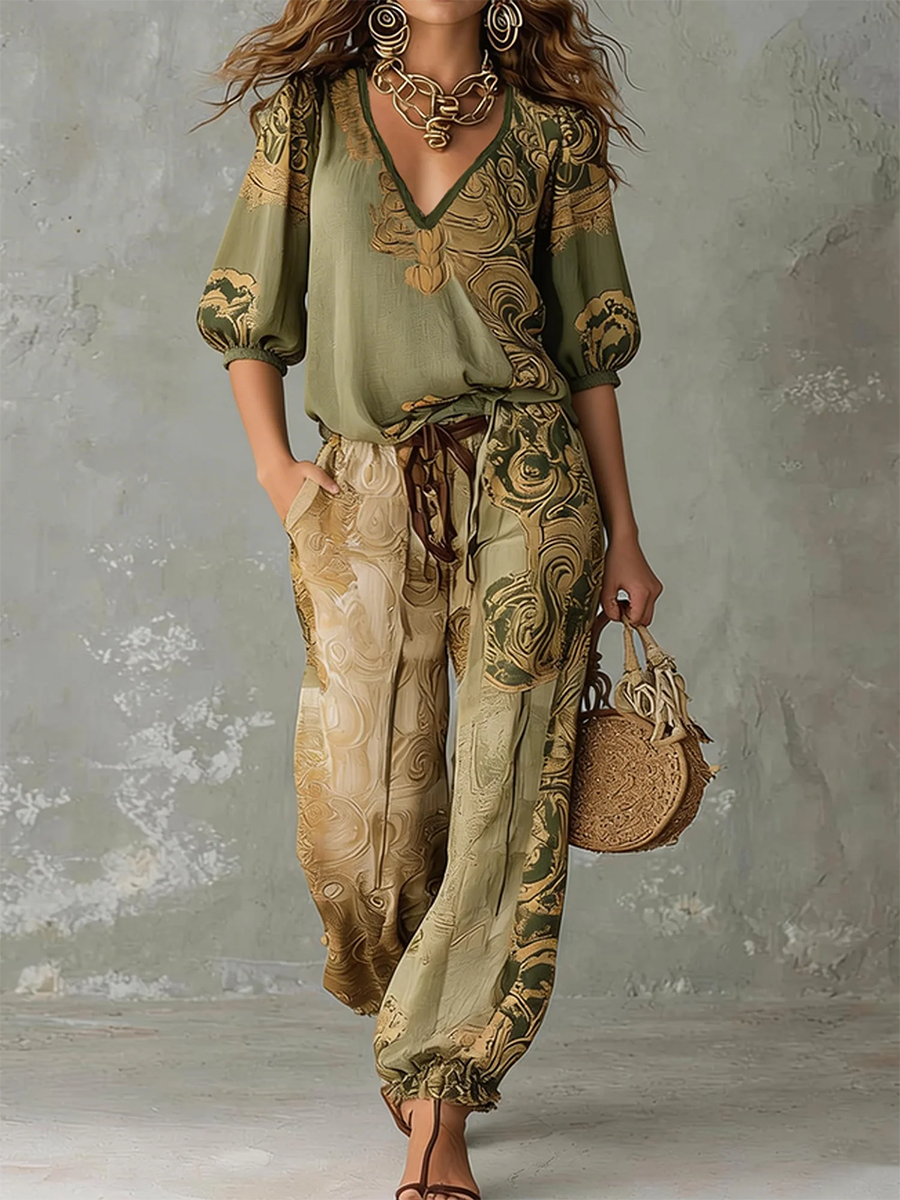 Women's Linen V-Neck Shirt Bohemian Retro Printed Loose Half Sleeve Top and Pants Set