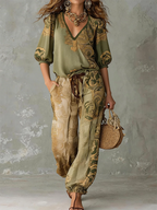 Women's Linen V-Neck Shirt Bohemian Retro Printed Loose Half Sleeve Top and Pants Set