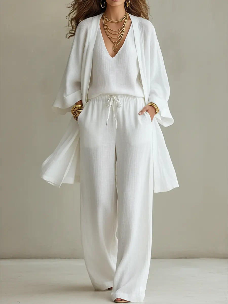 Women's 3 Piece Linen Lounge Set Wide Leg Trousers and Cardigan Outfit