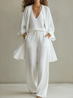 Women's 3 Piece Linen Lounge Set Wide Leg Trousers and Cardigan Outfit