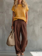 Women's Relaxed Knit Top and Wide Leg Linen Pants Set