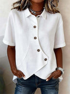 Women's Asymmetrical Short Sleeve Linen Button-Down Shirt