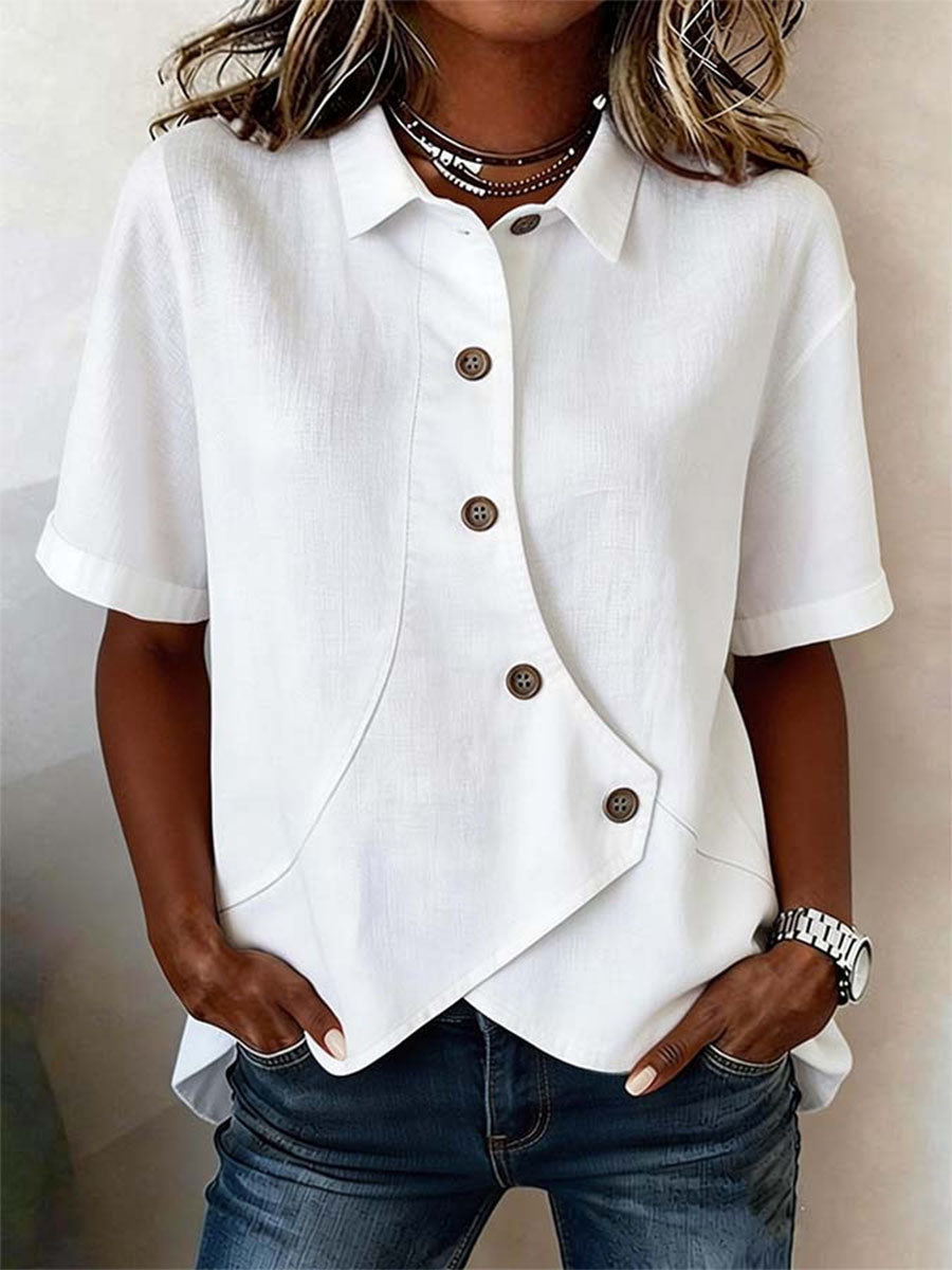 Women's Asymmetrical Short Sleeve Linen Button-Down Shirt