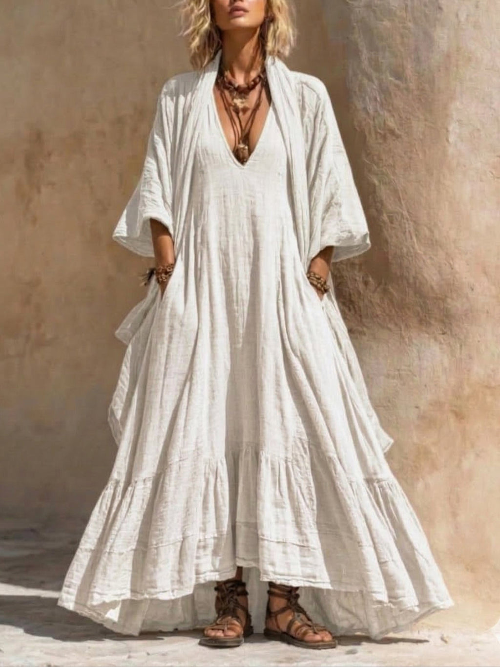 Women's Boho V-Neck Linen Long Sleeve Flowy Maxi Dress