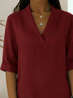 Women's Linen Blouse V Neck Roll Up 3/4 Sleeve Loose Tunic Shirt Top