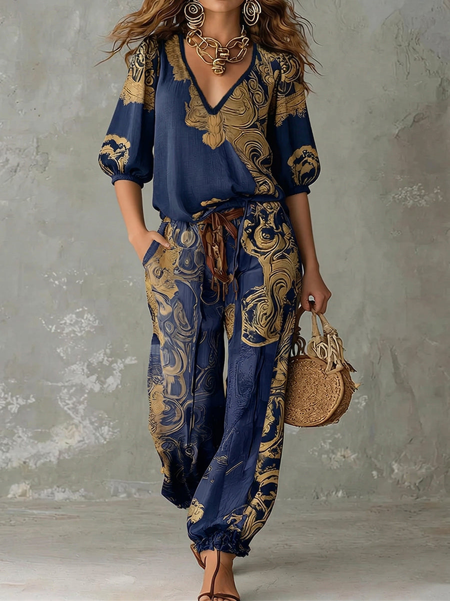 Women's Linen V-Neck Shirt Bohemian Retro Printed Loose Half Sleeve Top and Pants Set