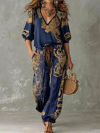 Women's Linen V-Neck Shirt Bohemian Retro Printed Loose Half Sleeve Top and Pants Set