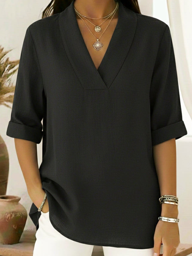 Women's Linen Blouse V Neck Roll Up 3/4 Sleeve Loose Tunic Shirt Top