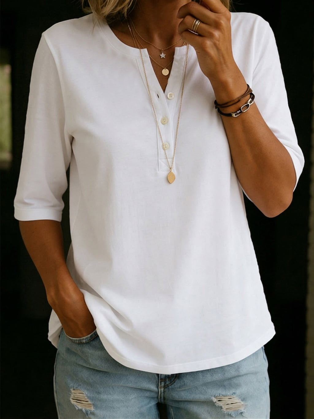 Women's Linen Henley Shirt 3/4 Sleeve Top