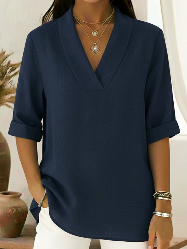 Women's Linen Blouse V Neck Roll Up 3/4 Sleeve Loose Tunic Shirt Top
