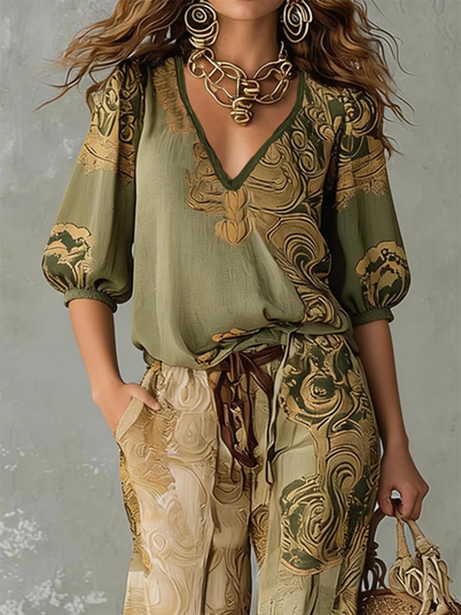 Women's Linen V-Neck Shirt Bohemian Retro Printed Loose Half Sleeve Top and Pants Set