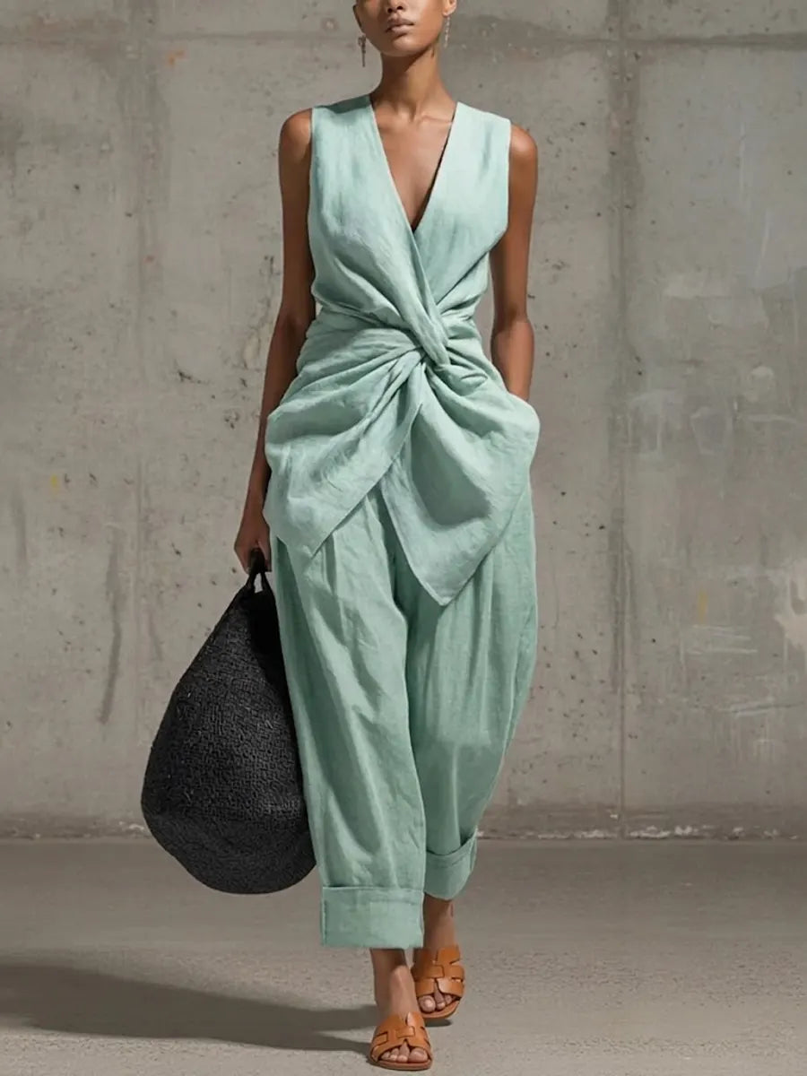 Women's Linen Two Piece Set Sleeveless Waist Tie Wide Leg Trousers