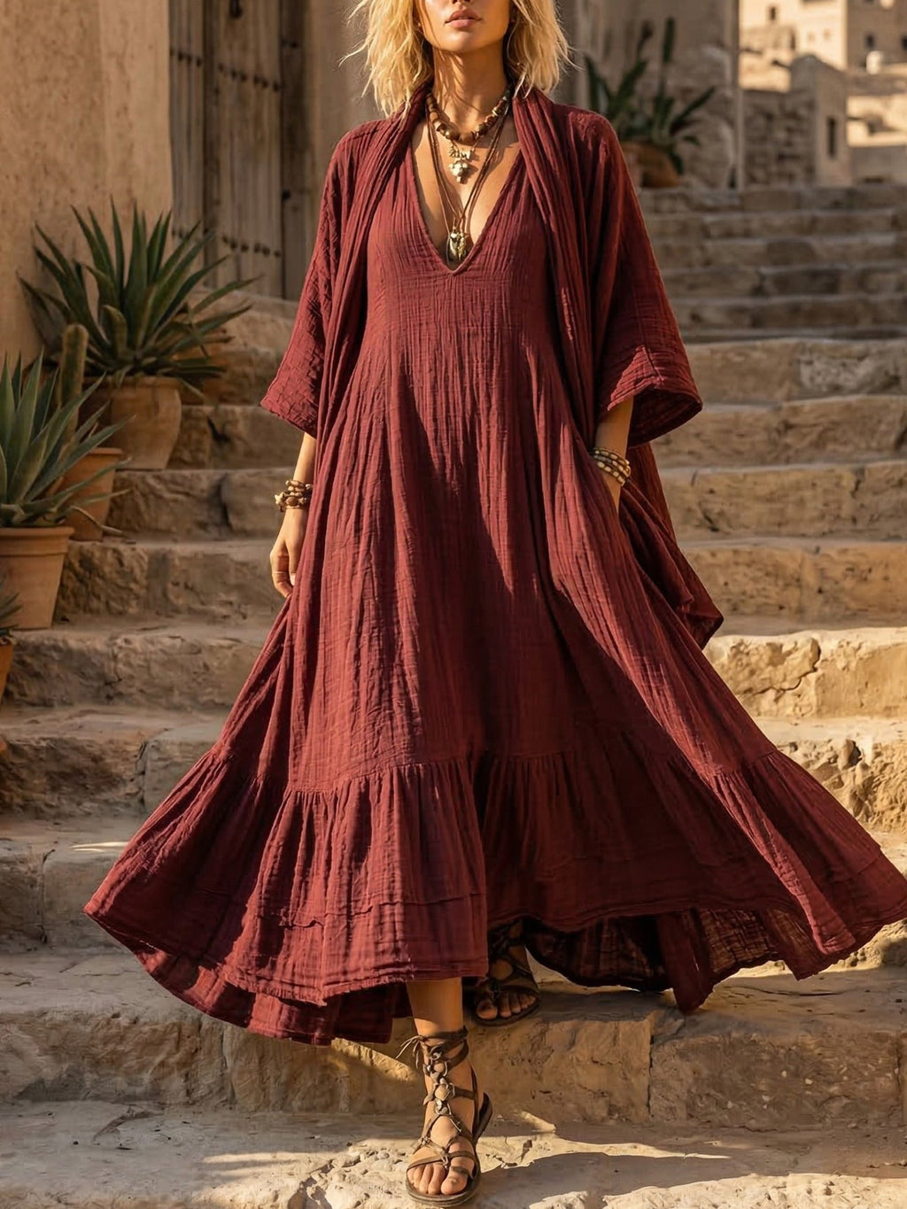 Women's Boho V-Neck Linen Long Sleeve Flowy Maxi Dress