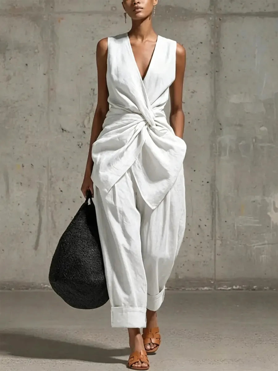 Women's Linen Two Piece Set Sleeveless Waist Tie Wide Leg Trousers