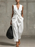 Women's Linen Two Piece Set Sleeveless Waist Tie Wide Leg Trousers