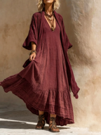 Women's Boho V-Neck Linen Long Sleeve Flowy Maxi Dress