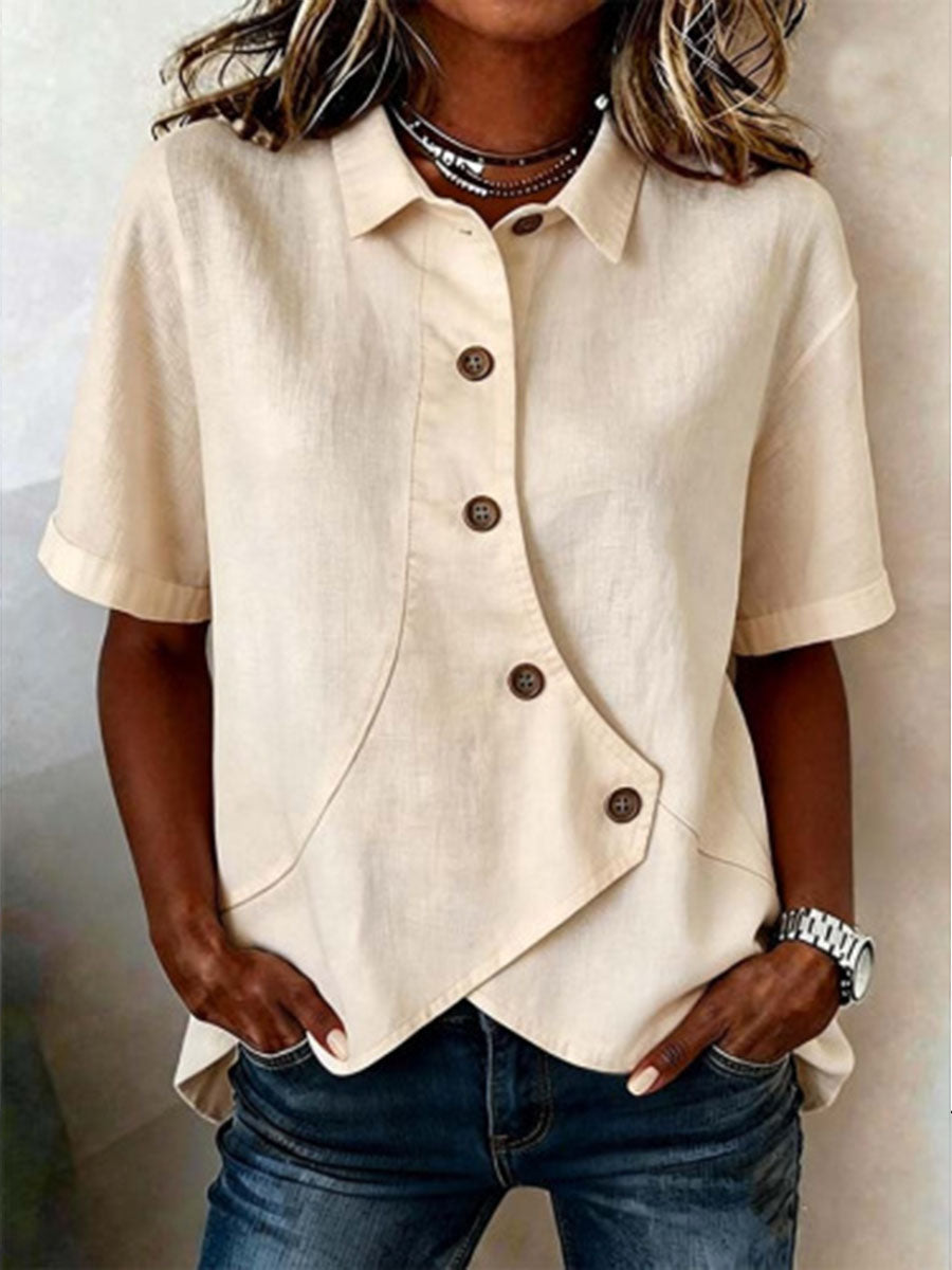 Women's Asymmetrical Short Sleeve Linen Button-Down Shirt