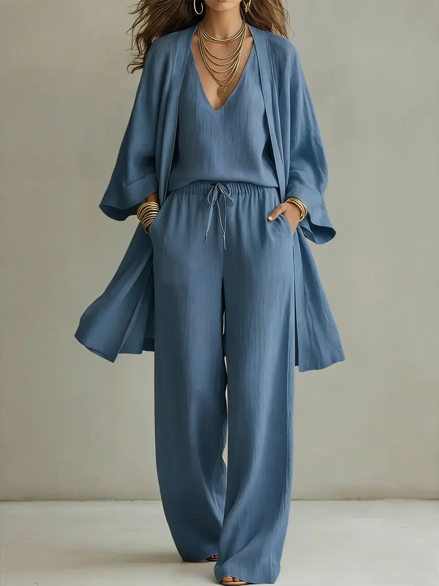 Women's 3 Piece Linen Lounge Set Wide Leg Trousers and Cardigan Outfit
