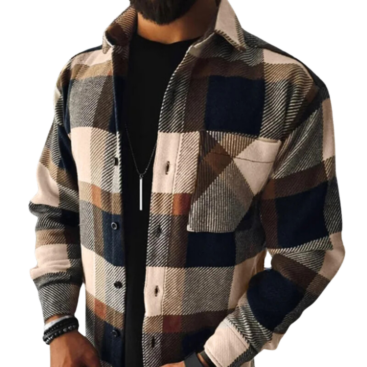 Wool Flannel Men's Plaid Check Button Down Shacket Jacket
