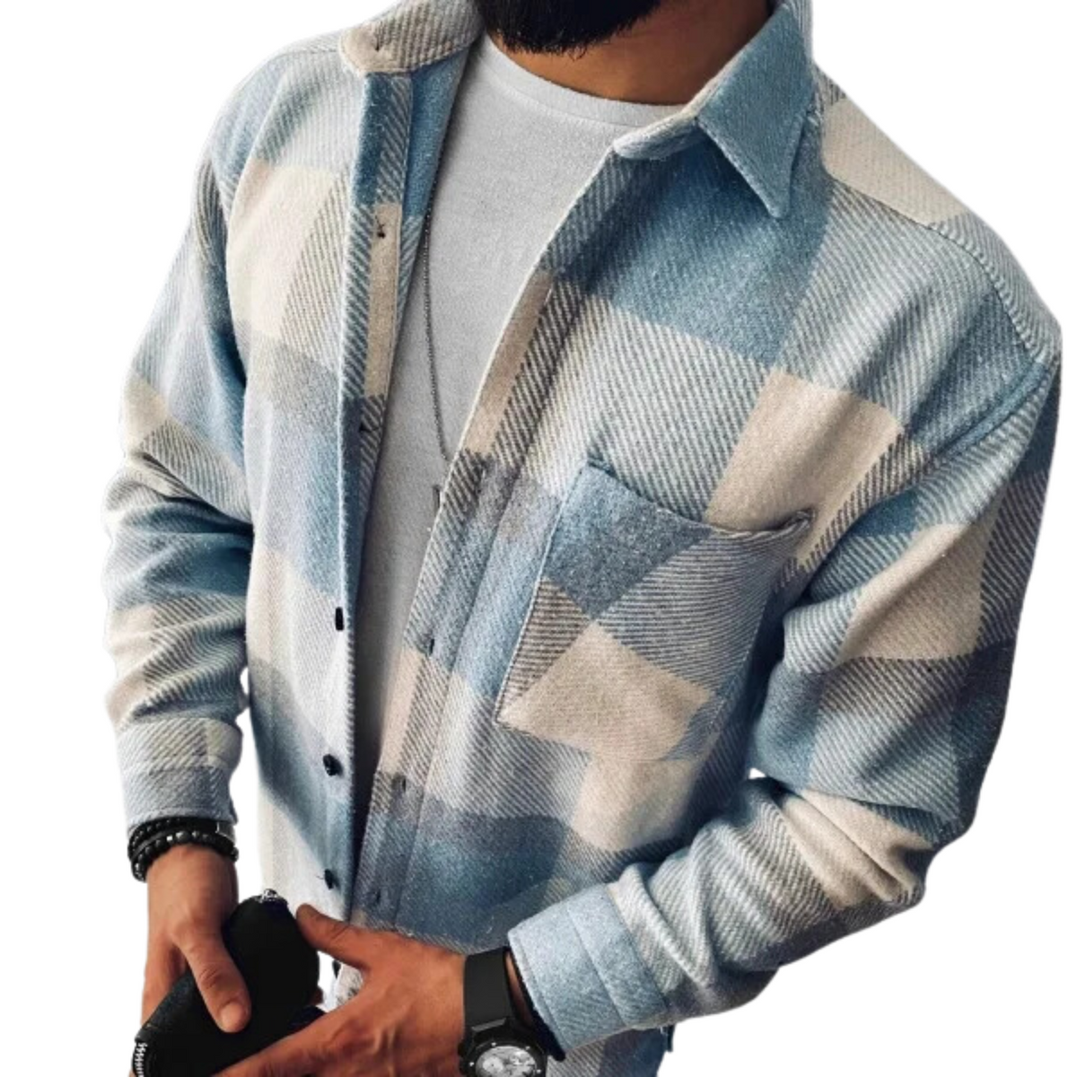 Wool Flannel Men's Plaid Check Button Down Shacket Jacket