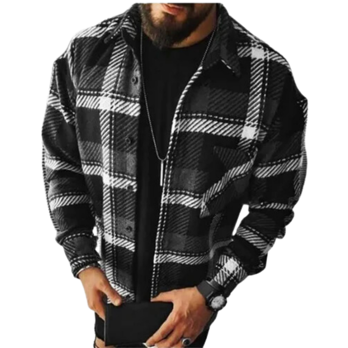 Wool Flannel Men's Plaid Check Button Down Shacket Jacket