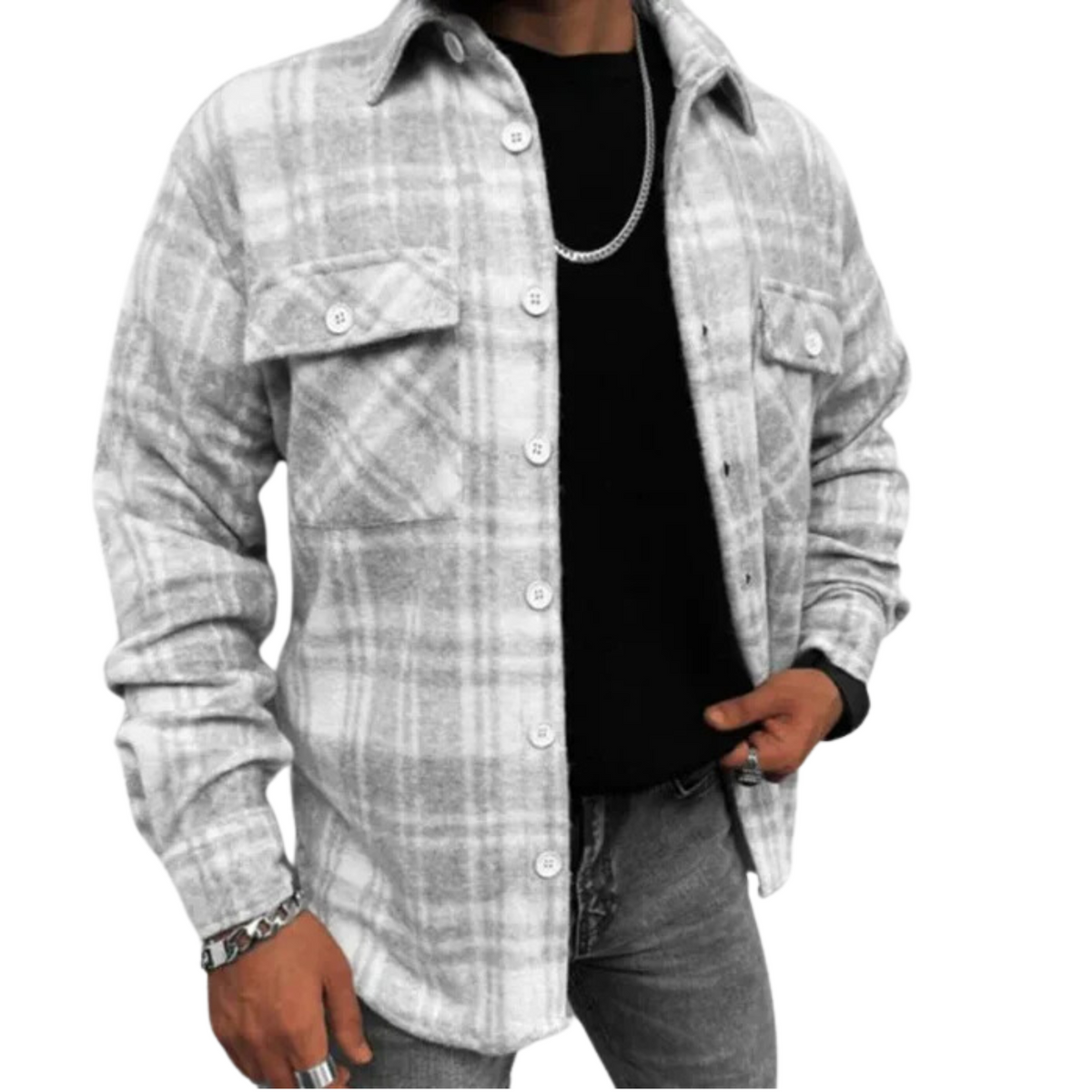 Wool Flannel Men's Plaid Check Button Down Shacket Jacket