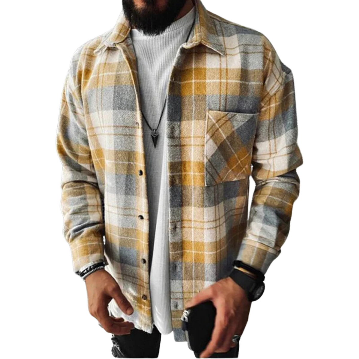 Wool Flannel Men's Plaid Check Button Down Shacket Jacket