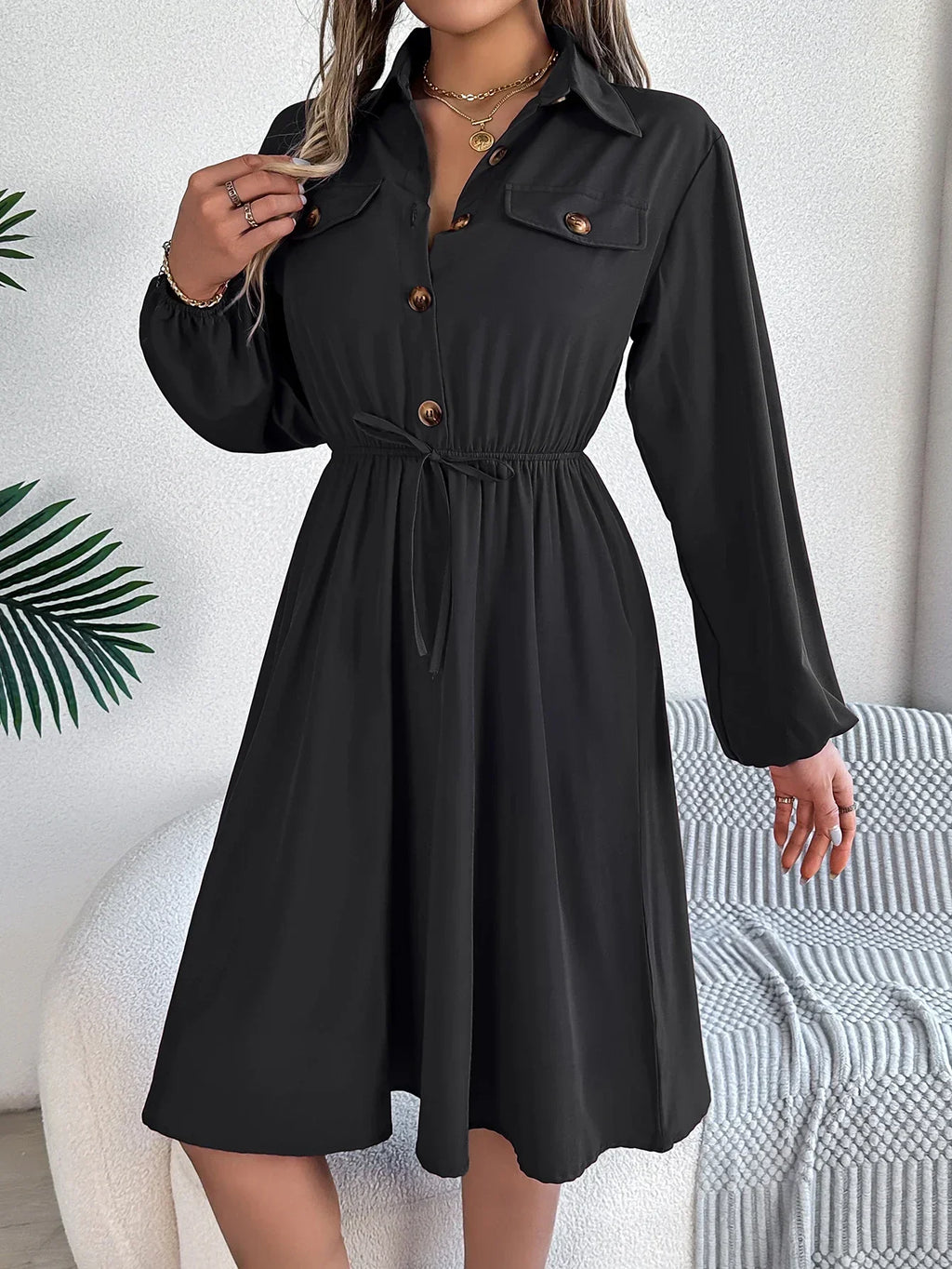 Women's Button Front Dress Long Sleeve Tie Waist — view 2
