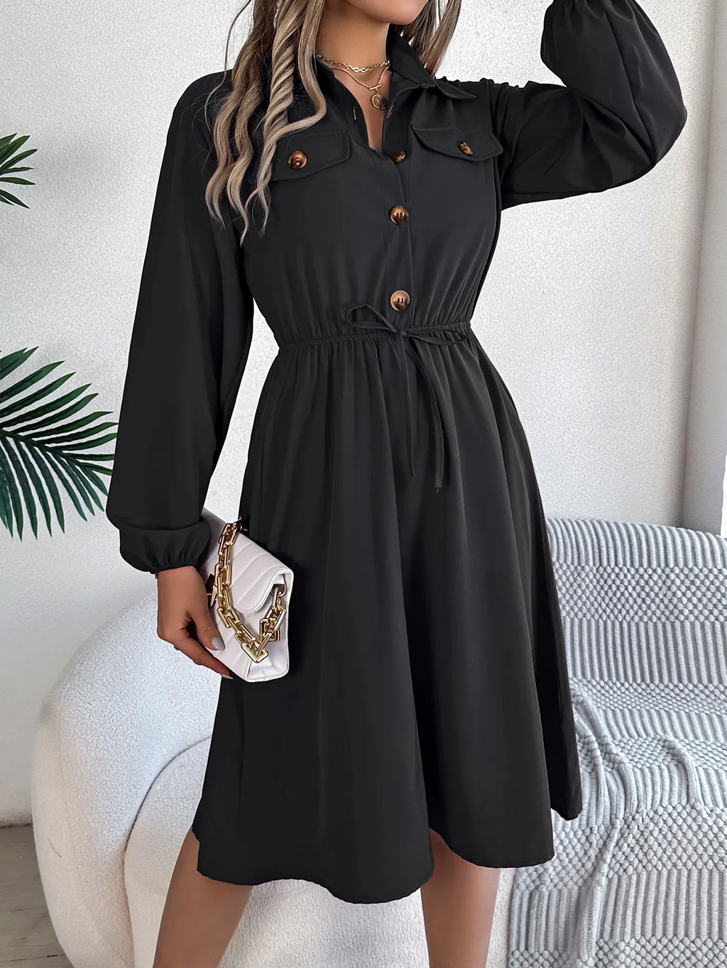 Women's Button Front Dress Long Sleeve Tie Waist — view 4
