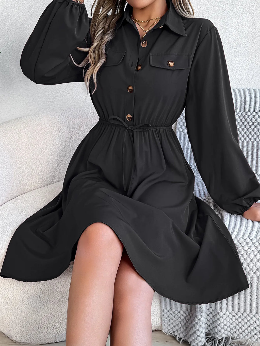 Women's Button Front Dress Long Sleeve Tie Waist — view 5