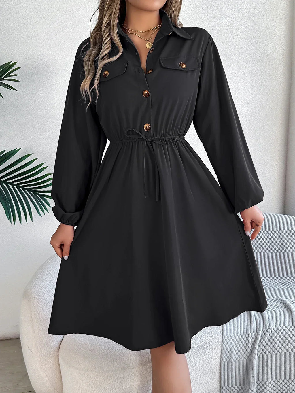 Women's Button Front Dress Long Sleeve Tie Waist — view 1