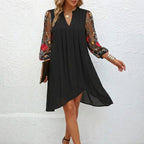 Women's Mini Dress Floral Sleeve V-Neck Black — view 3