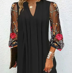 Women's Mini Dress Floral Sleeve V-Neck Black — view 4