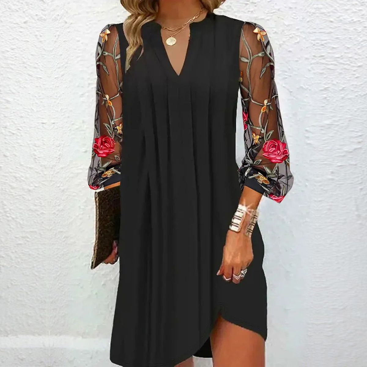 Women's Mini Dress Floral Sleeve V-Neck Black — view 1