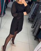 Women's Mini Dress Long Sleeve Split Black — view 6
