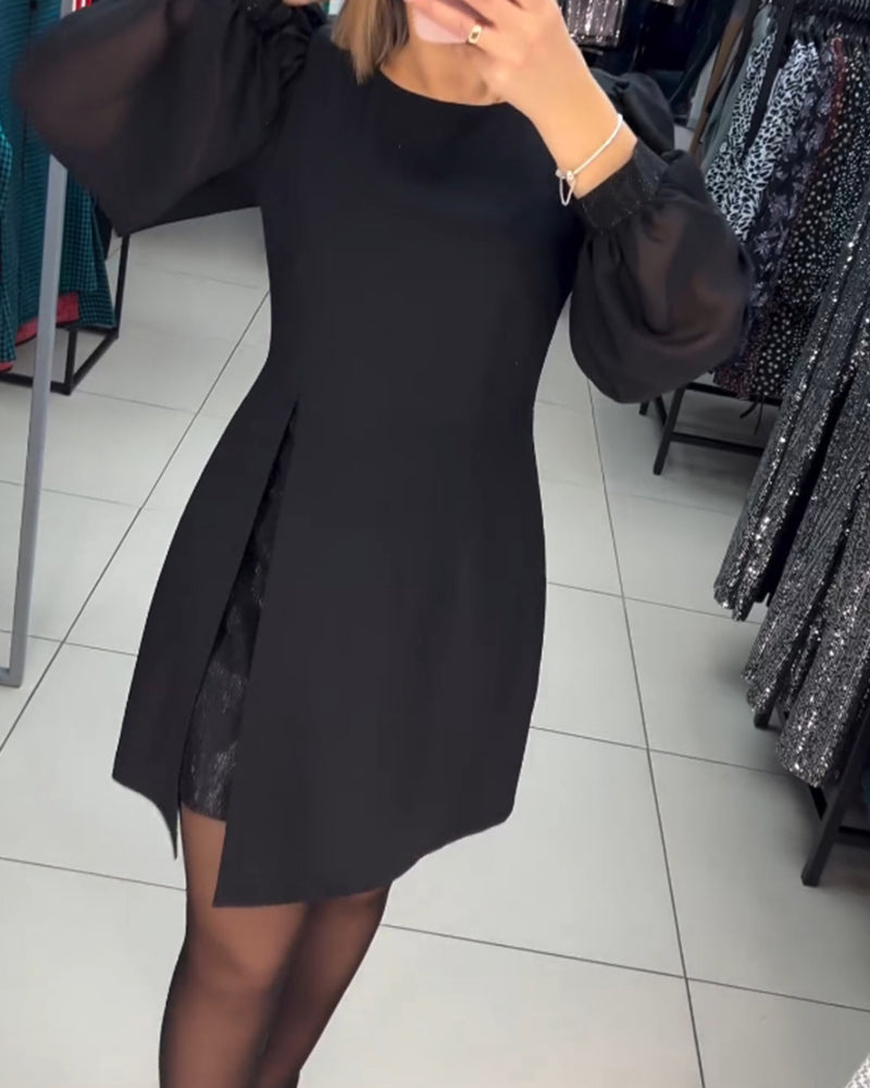 Women's Mini Dress Long Sleeve Split Black — view 1