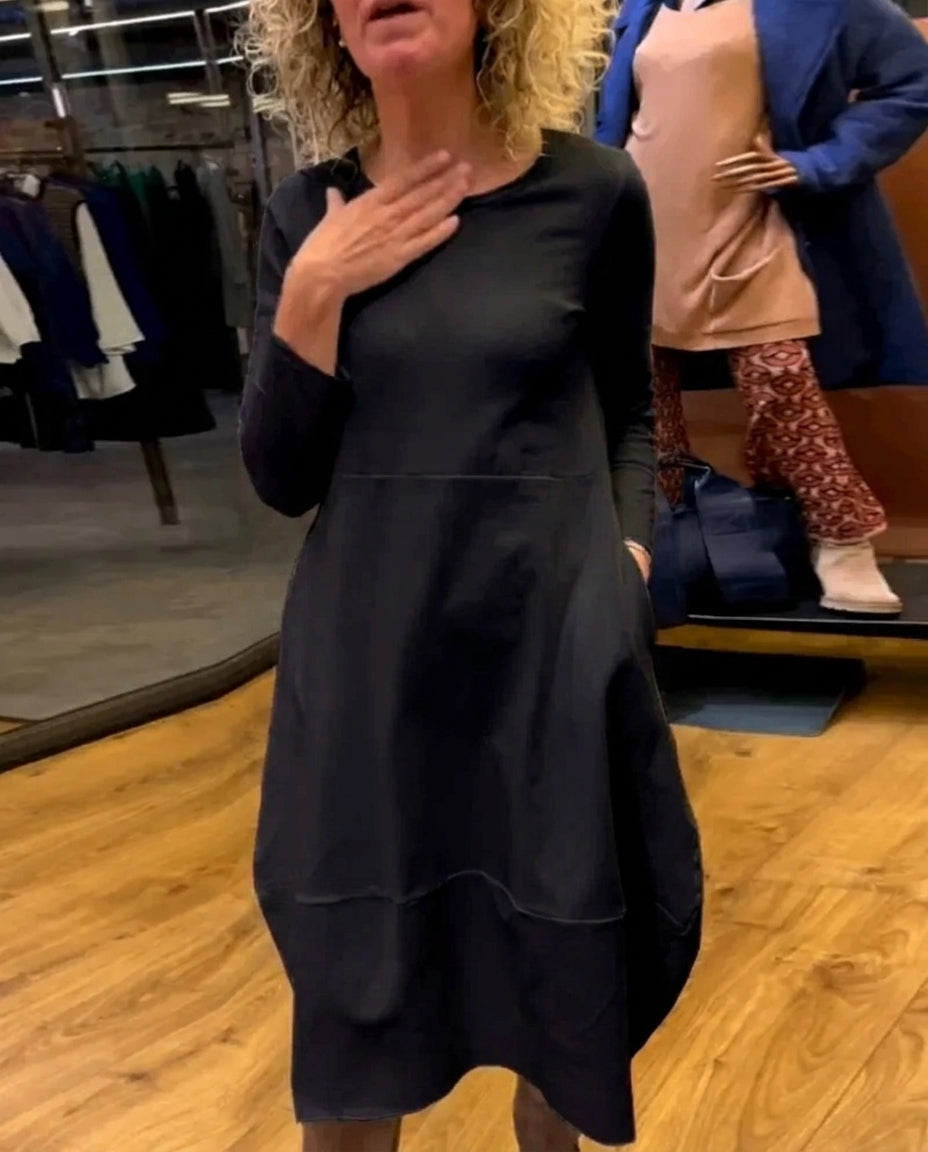 Women's Midi Dress Long Sleeve Round Neck Black — view 2