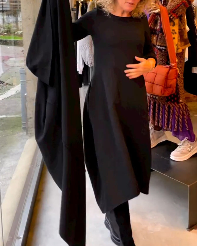 Women's Midi Dress Long Sleeve Round Neck Black — view 4