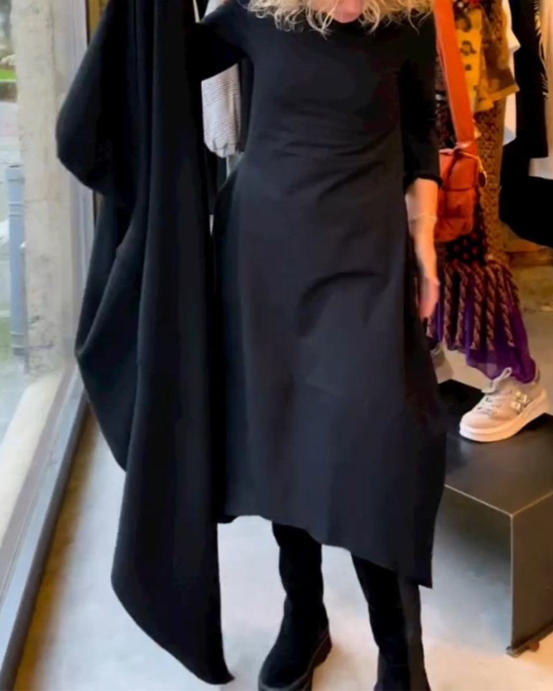 Women's Midi Dress Long Sleeve Round Neck Black — view 5