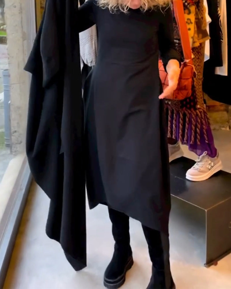 Women's Midi Dress Long Sleeve Round Neck Black — view 6
