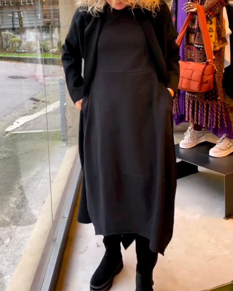 Women's Midi Dress Long Sleeve Round Neck Black — view 8