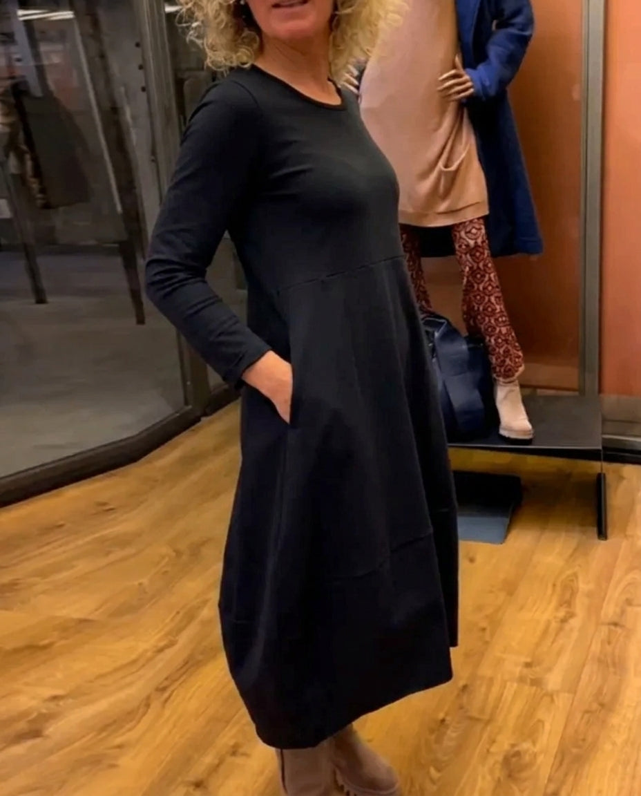 Women's Midi Dress Long Sleeve Round Neck Black — view 1